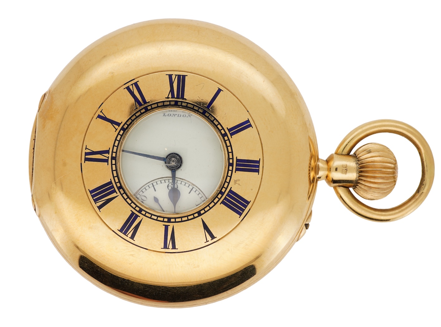An Edwardian 18ct gold half hunter keyless lever pocket watch, by Searle & Co, Lombard Street, London